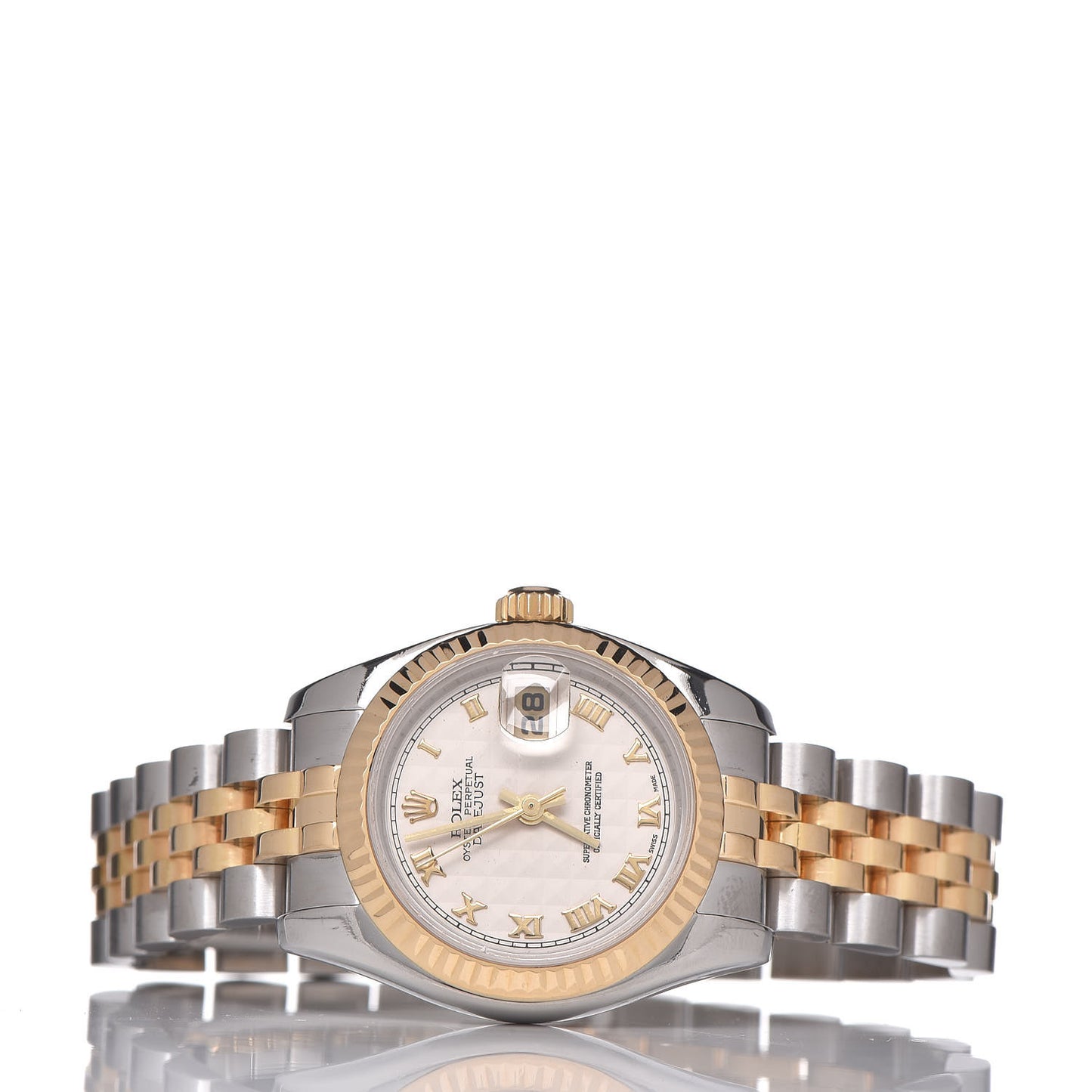 Stainless Steel 18K Yellow Gold 26mm Oyster Perpetual Datejust Watch White Pyramid Roman 179173