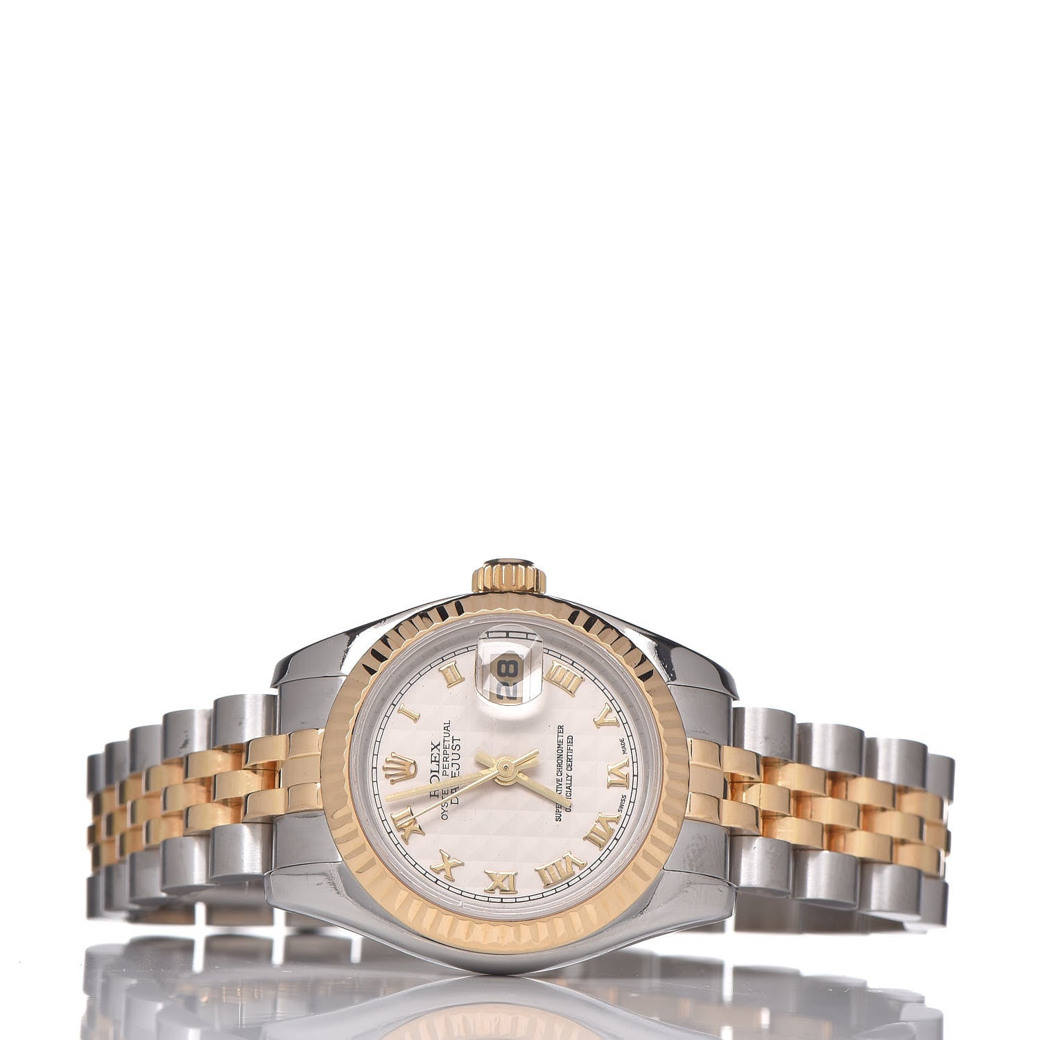 Rolex Stainless Steel 18K Yellow Gold 26mm Oyster Perpetual Datejust Watch White Pyramid Roman 179173 3 of 8