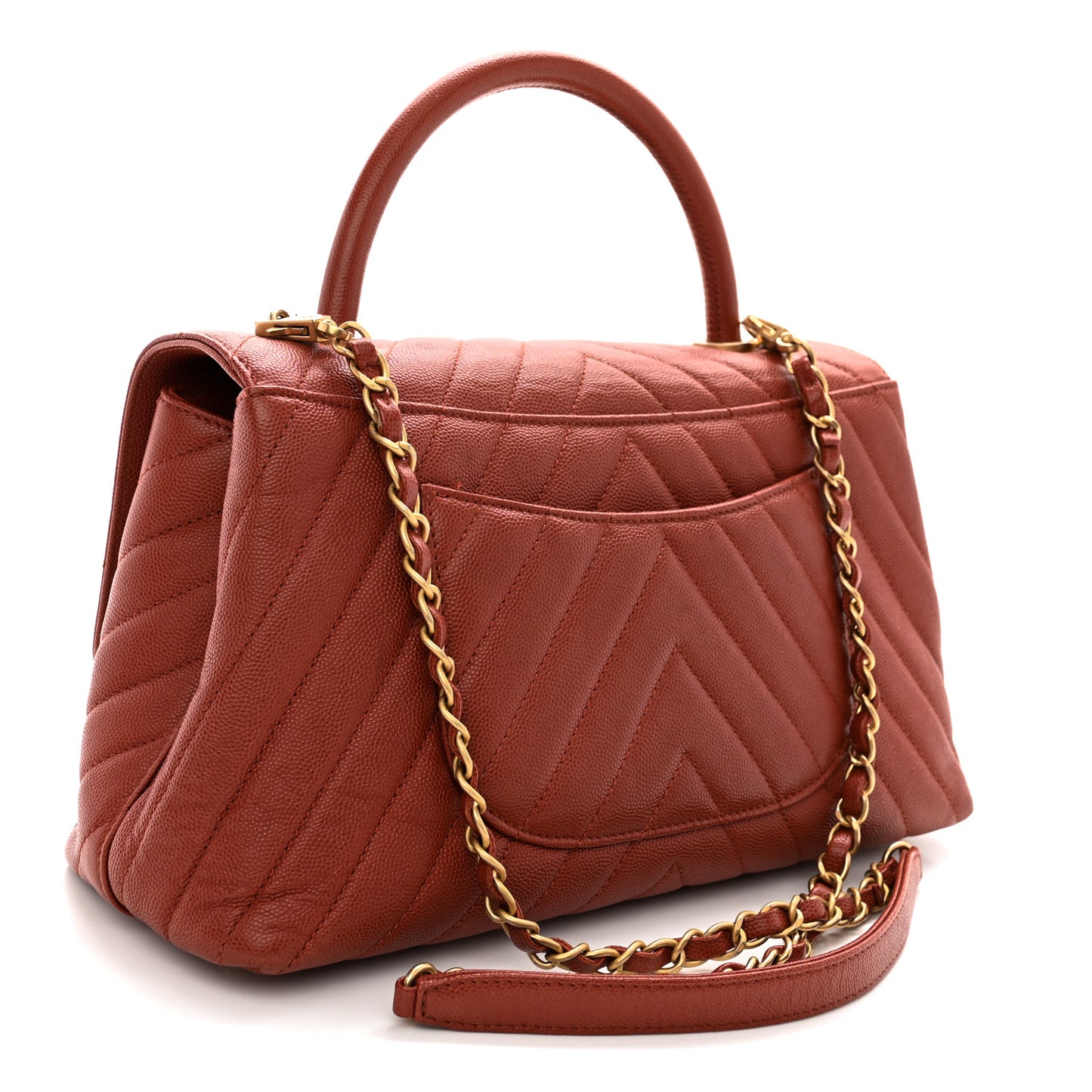 Caviar Chevron Quilted Small Coco Handle Flap Dark Orange