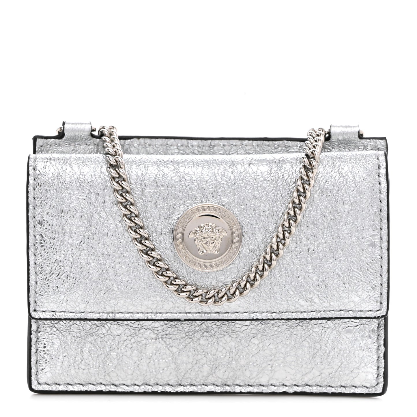 Metallic Lambskin Medusa Chain Card Holder Silver