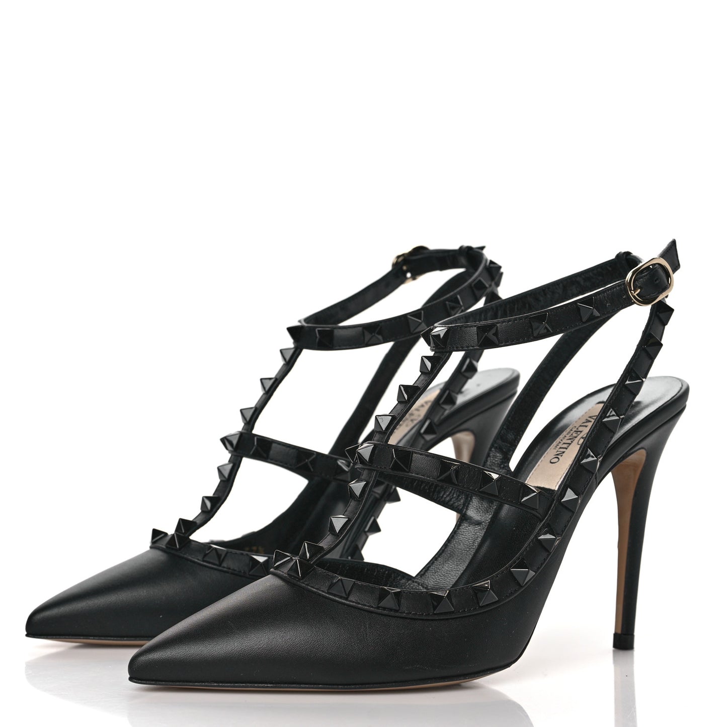 Calfskin Lacquered Monochrome Rockstud Ankle Strap 100mm Pumps 37.5 Black