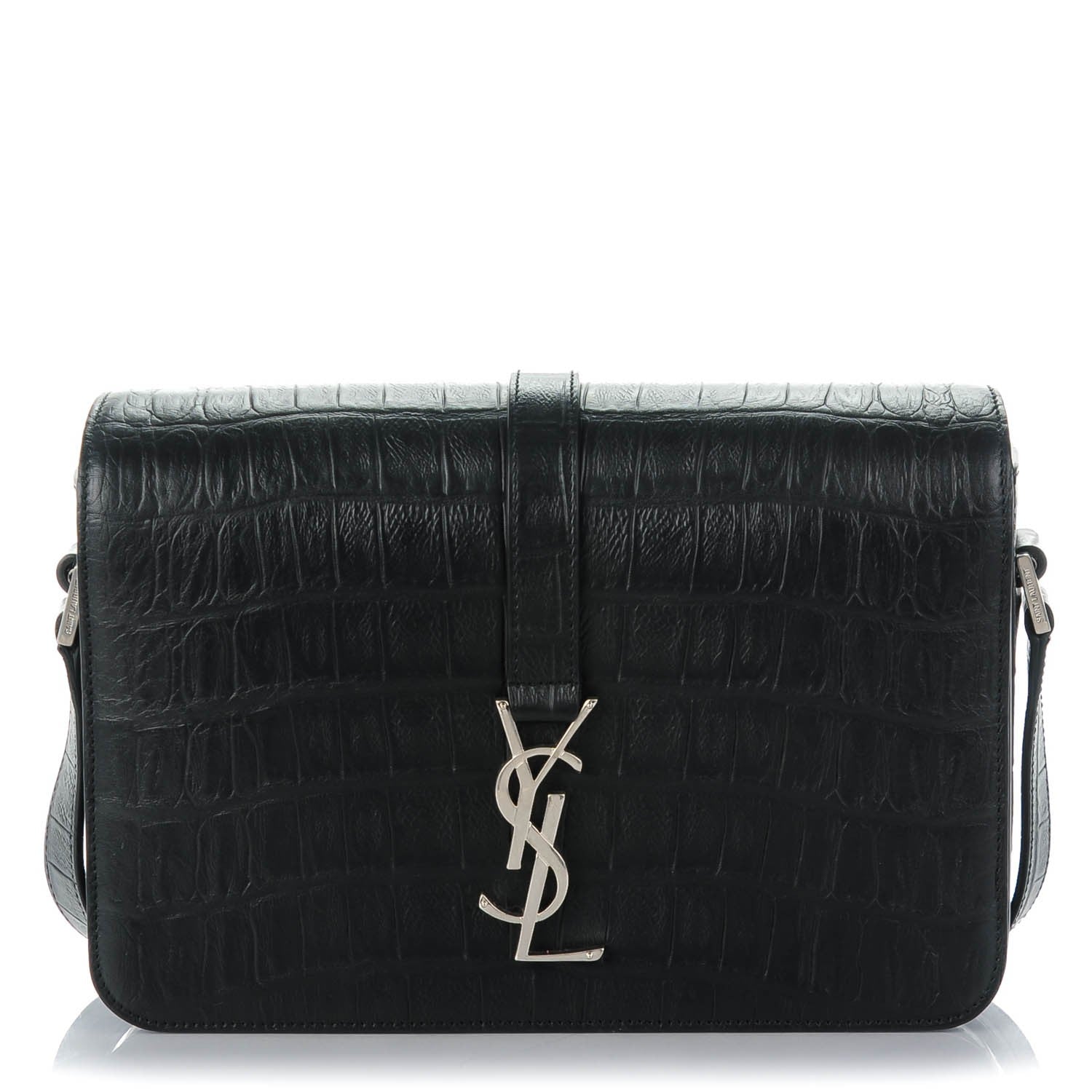 Saint Laurent Calfskin Crocodile Embossed Medium Monogram Universite Bag Black 1 of 7