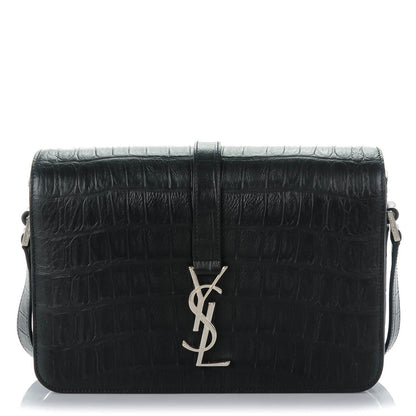 Saint Laurent Calfskin Crocodile Embossed Medium Monogram Universite Bag Black 1 of 7