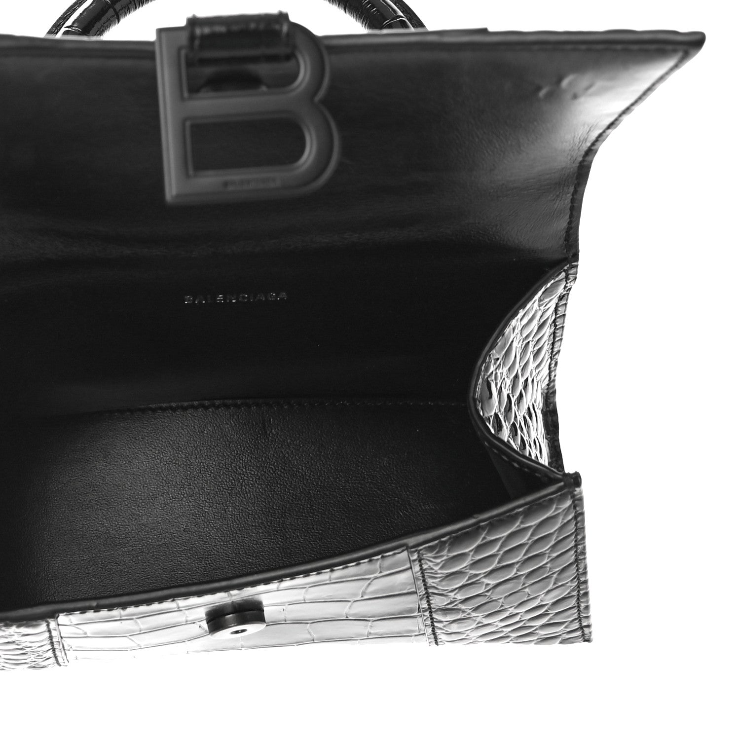Balenciaga Shiny Calfskin Monochrome Crocodile Embossed Hourglass Top Handle Bag XS Black 5 of 9