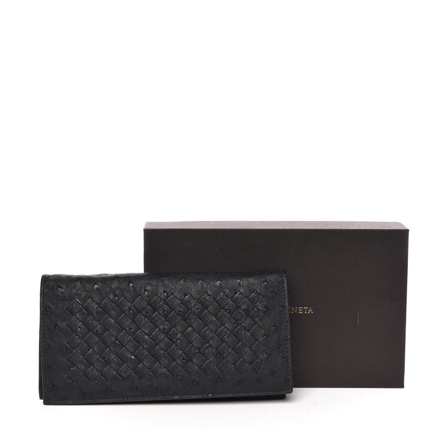 Ostrich Intrecciato Flap Wallet Black