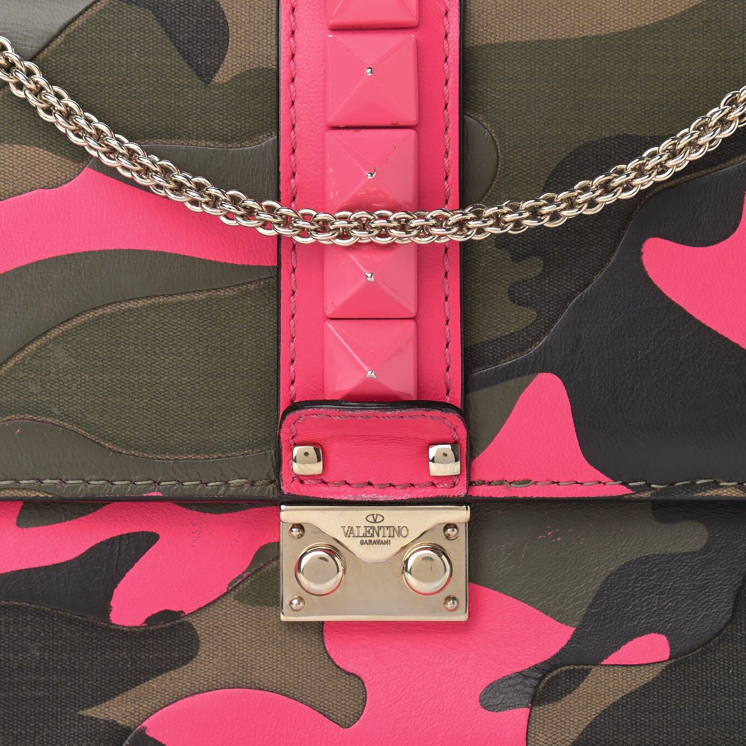 Valentino Garavani Nappa Canvas Camouflage Medium Glam Lock Rockstud Flap Fuxia Fluo 8 of 14