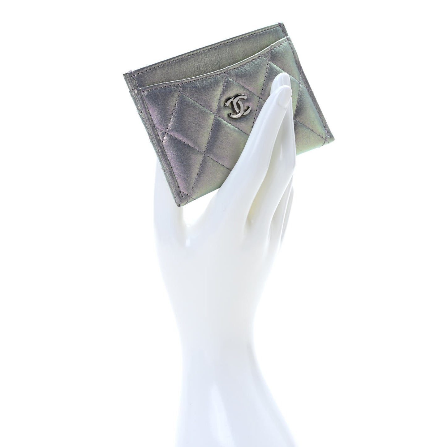 Iridescent Lambskin Quilted Card Holder Ivory