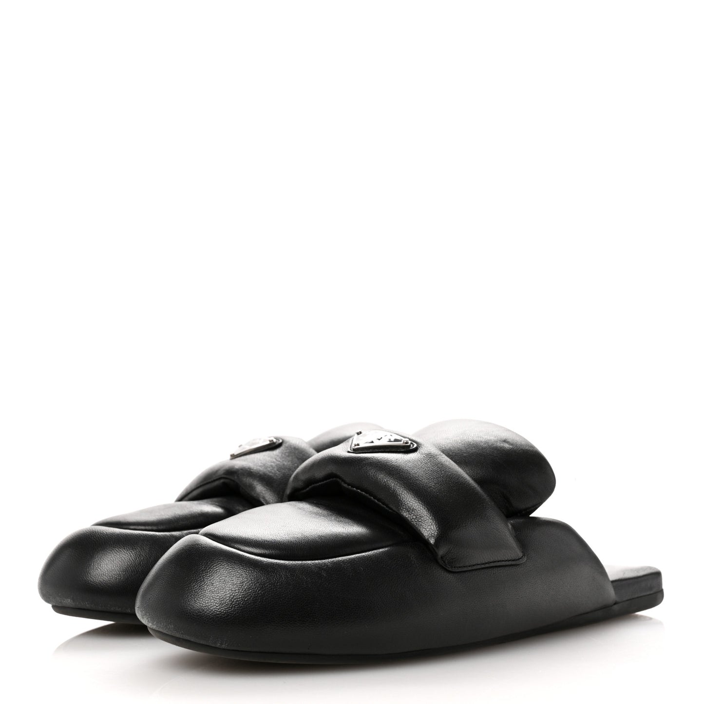 Nappa Soft Padded Metal Triangle Logo Lug Sole 20mm Mules 38.5 Black