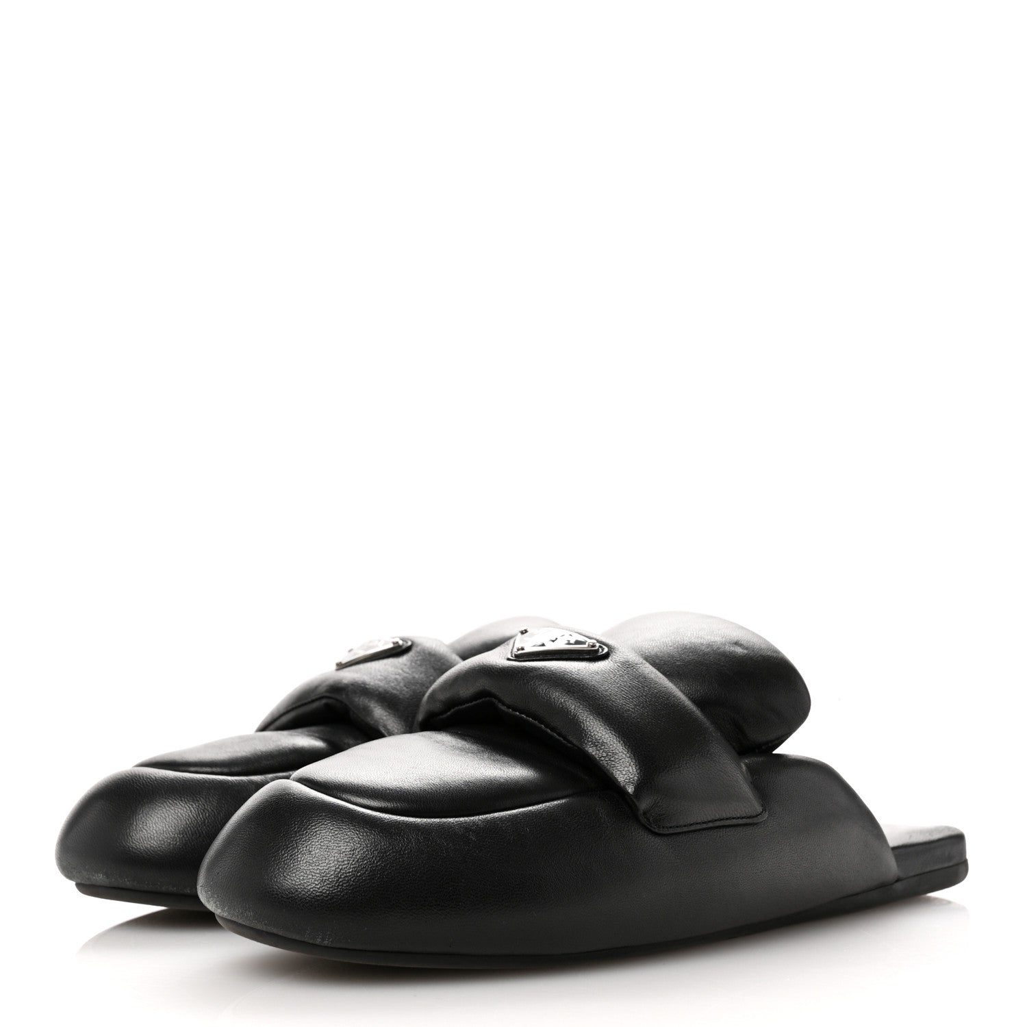 Prada Nappa Soft Padded Metal Triangle Logo Lug Sole 20mm Mules 38.5 Black 4 of 11