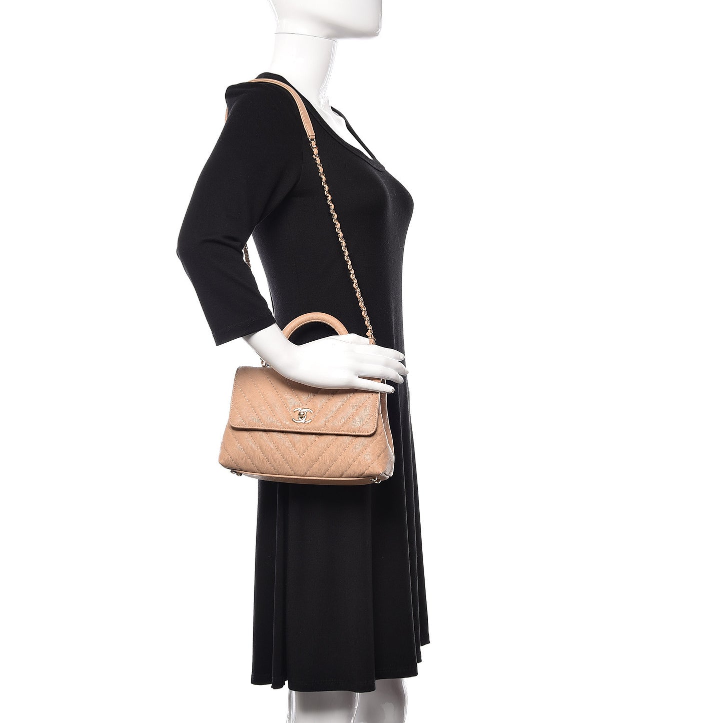 Caviar Chevron Quilted Mini Coco Handle Flap Beige