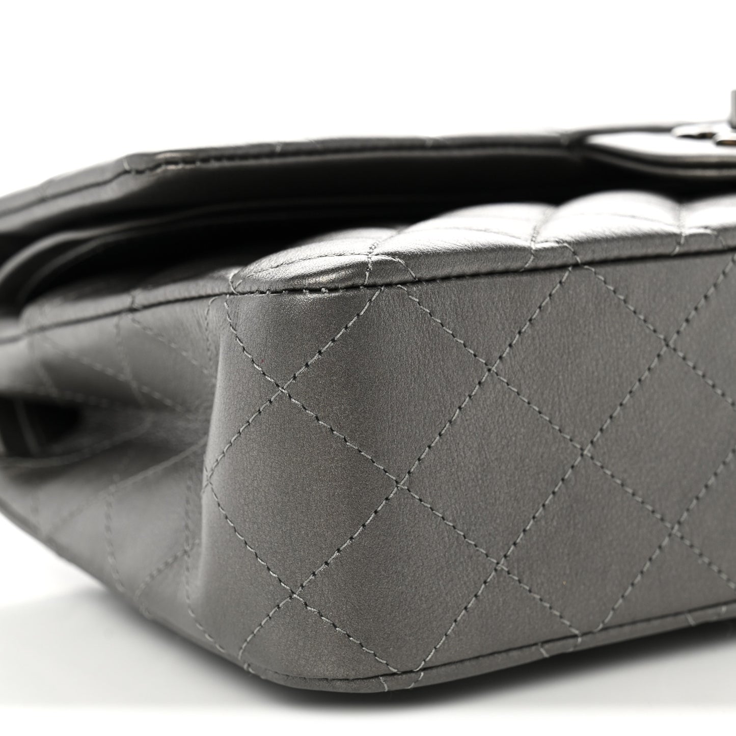 Metallic Calfskin Quilted Medium Double Flap Ruthenium Ruthenium