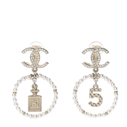 Chanel Crystal Pearl Charms CC Drop Earrings Gold 1 of 5