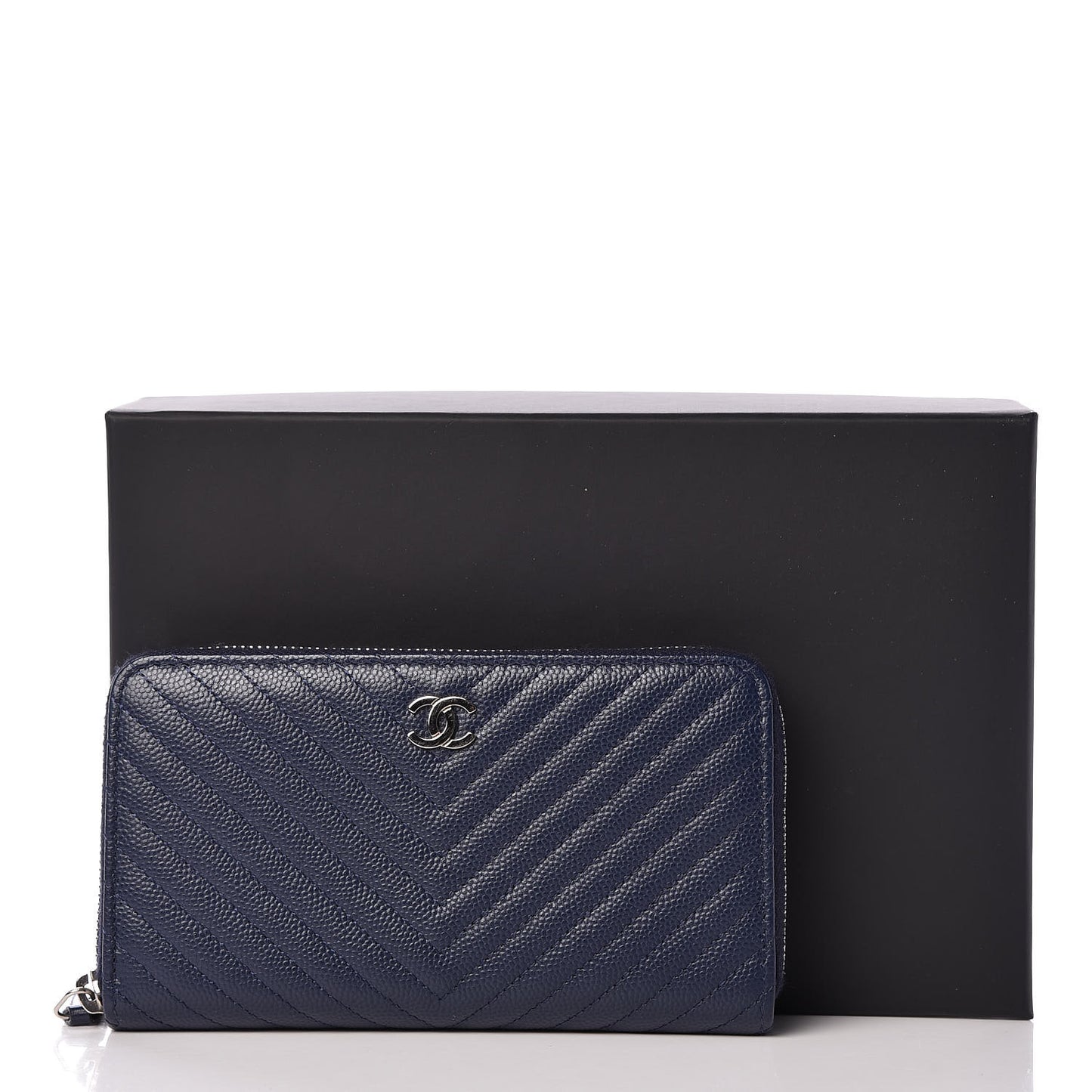 Caviar Chevron Quilted Small Zip Around Wallet Navy