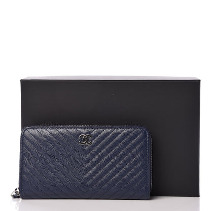 Chanel Caviar Chevron Quilted Small Zip Around Wallet Navy 10 of 10