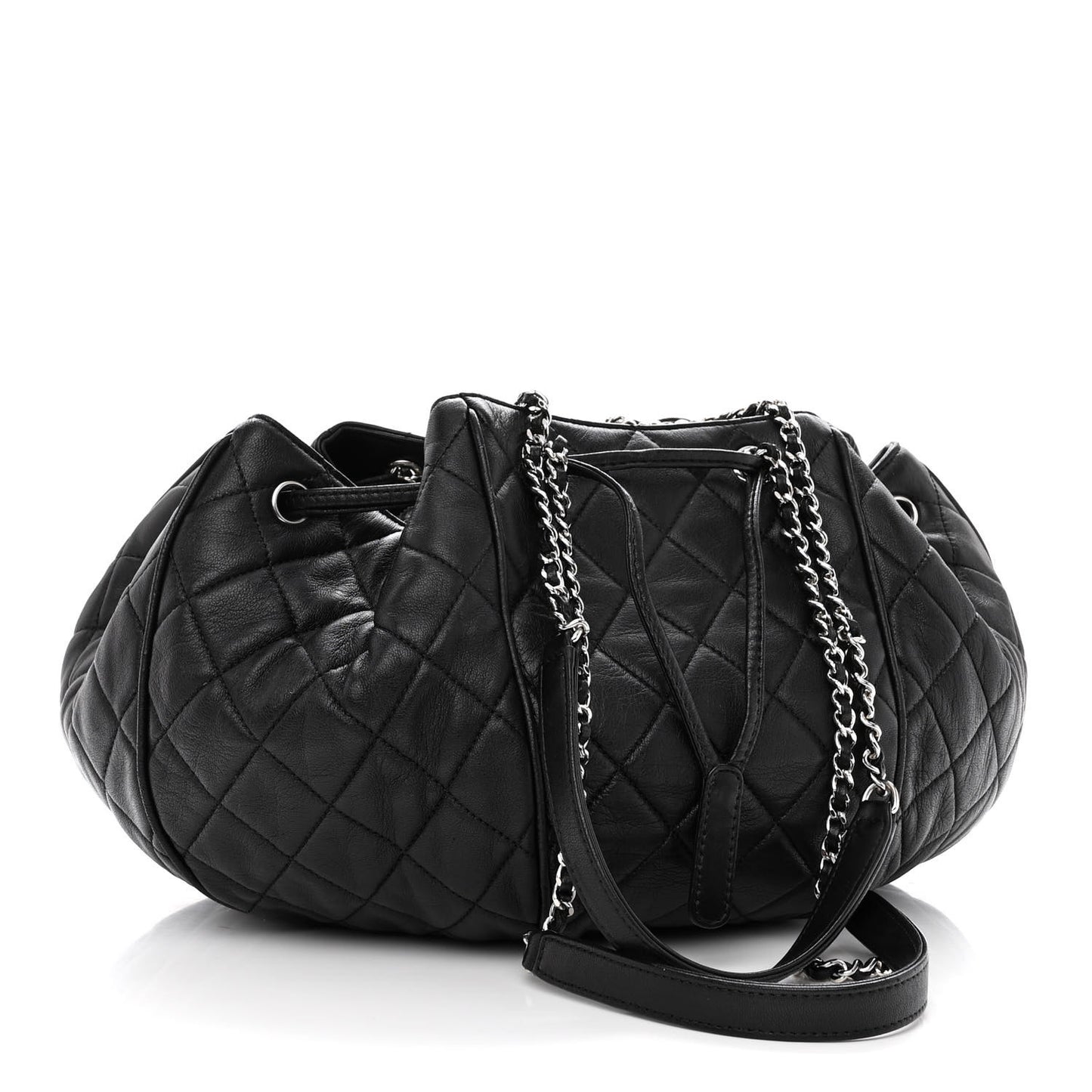 Calfskin Quilted Drawstring Sac Cordon Bag Black