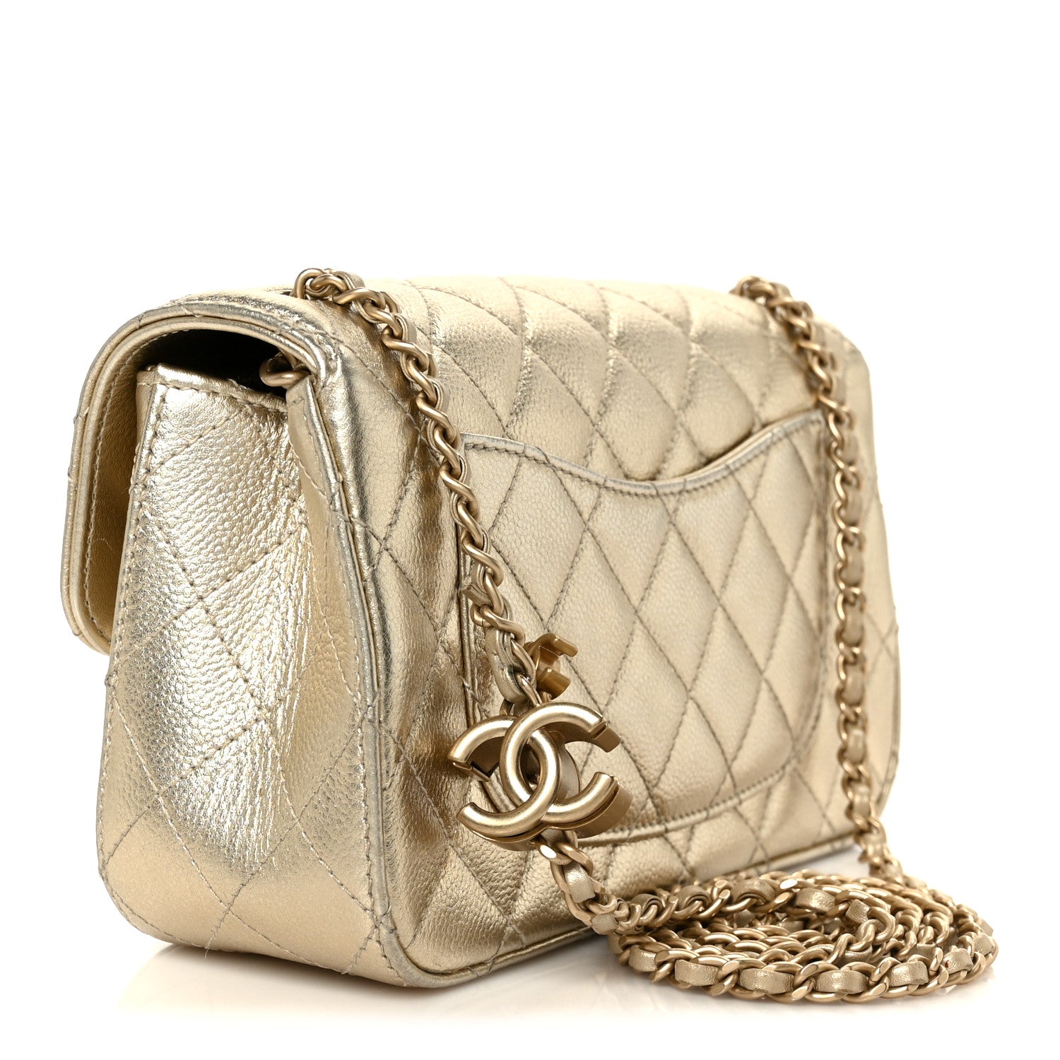 Chanel Metallic Caviar Quilted Mini Rectangular CC Slide Flap Light Gold 3 of 11