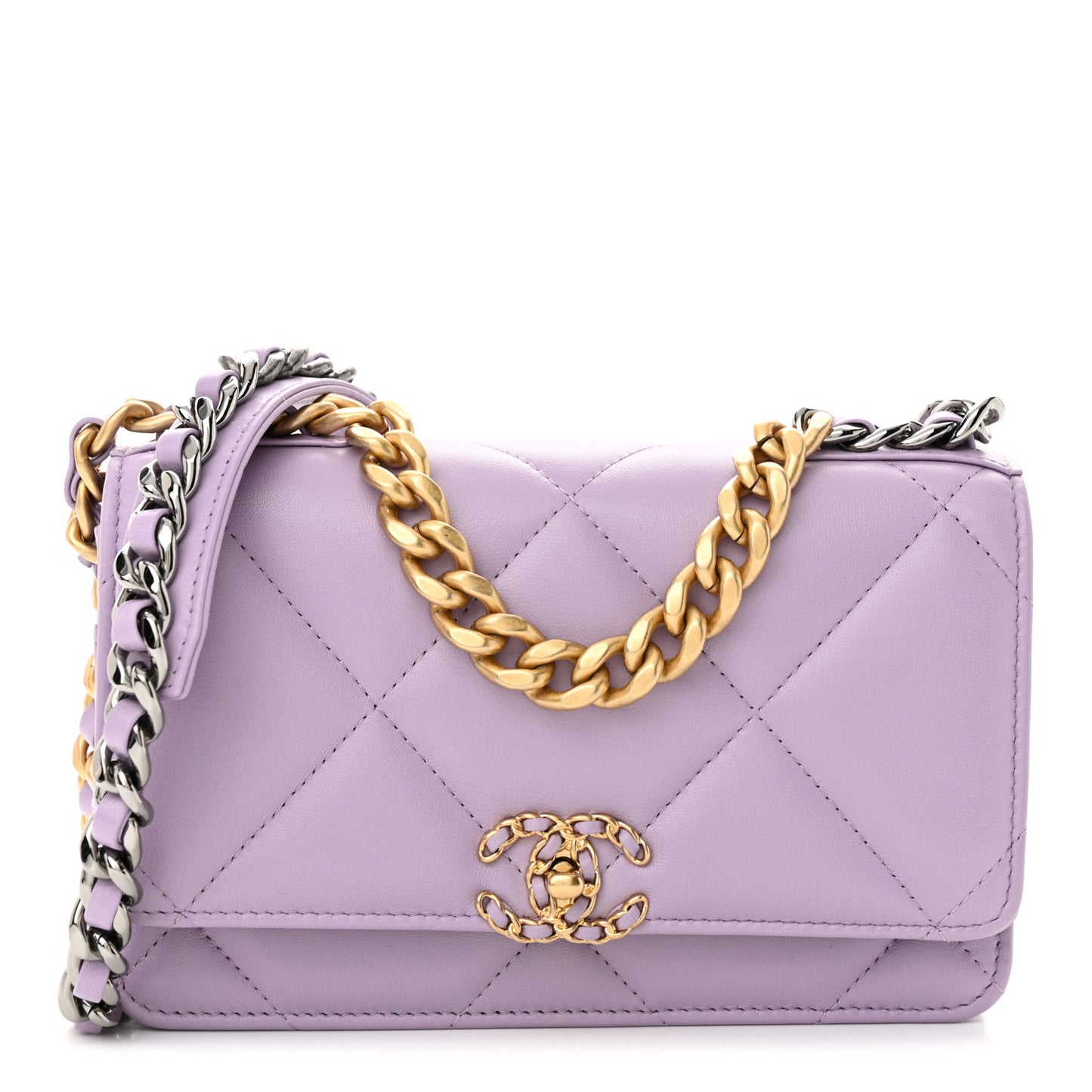 Lambskin Quilted Chanel 19 Wallet On Chain WOC Light Purple