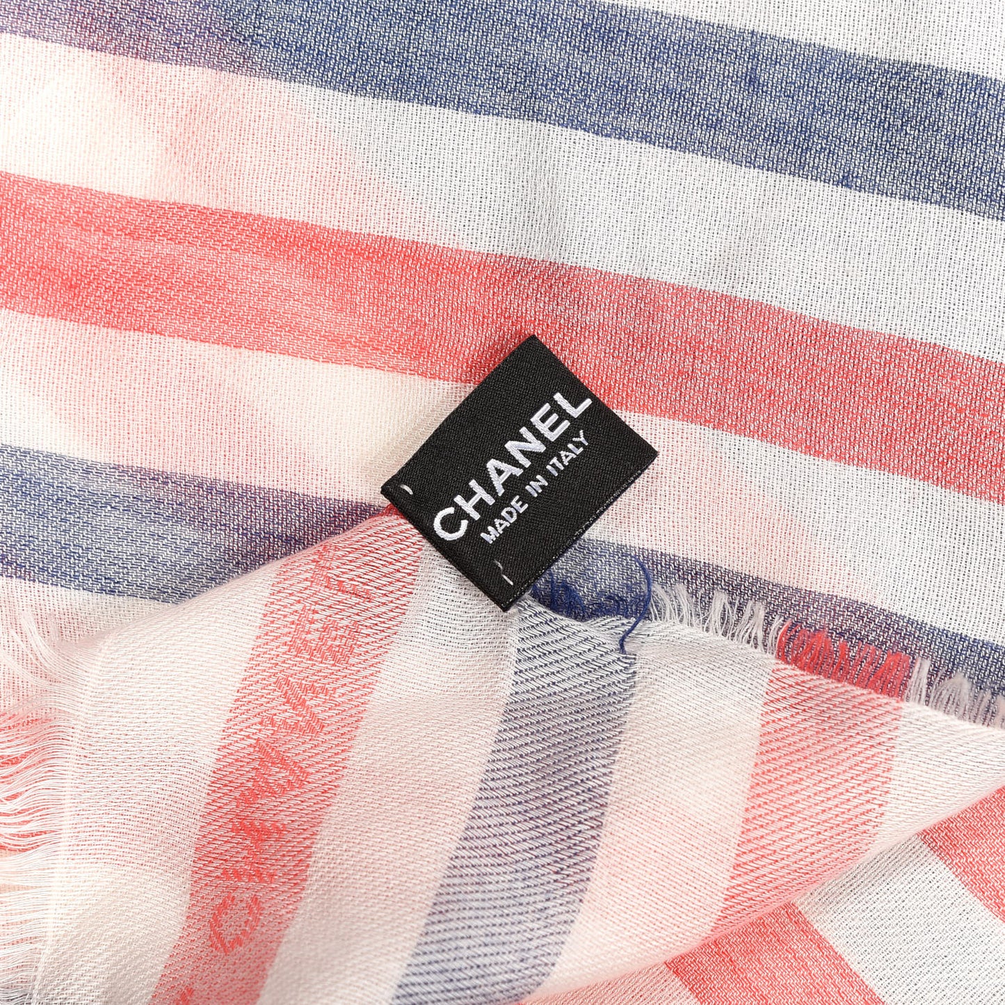 Cashmere Silk Cotton CC Stripe Fringe Scarf Red White Blue