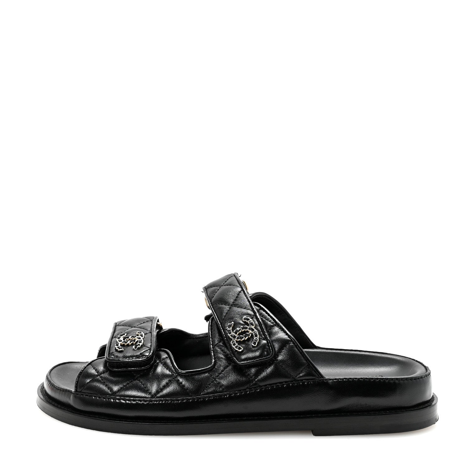 Chanel Lambskin Quilted Velcro Dad Chain CC Slide Sandals 36.5 Black 1 of 7