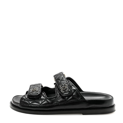 Chanel Lambskin Quilted Velcro Dad Chain CC Slide Sandals 36.5 Black 1 of 7
