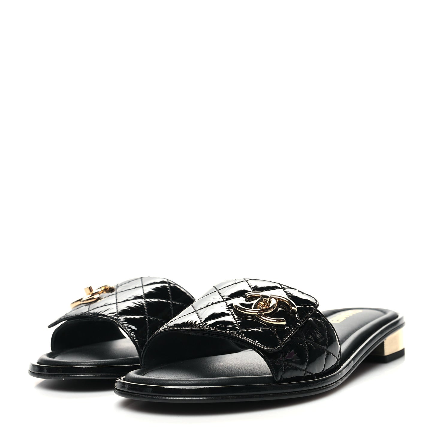 Patent Goatskin Quilted CC Mules Sandals 39 Black