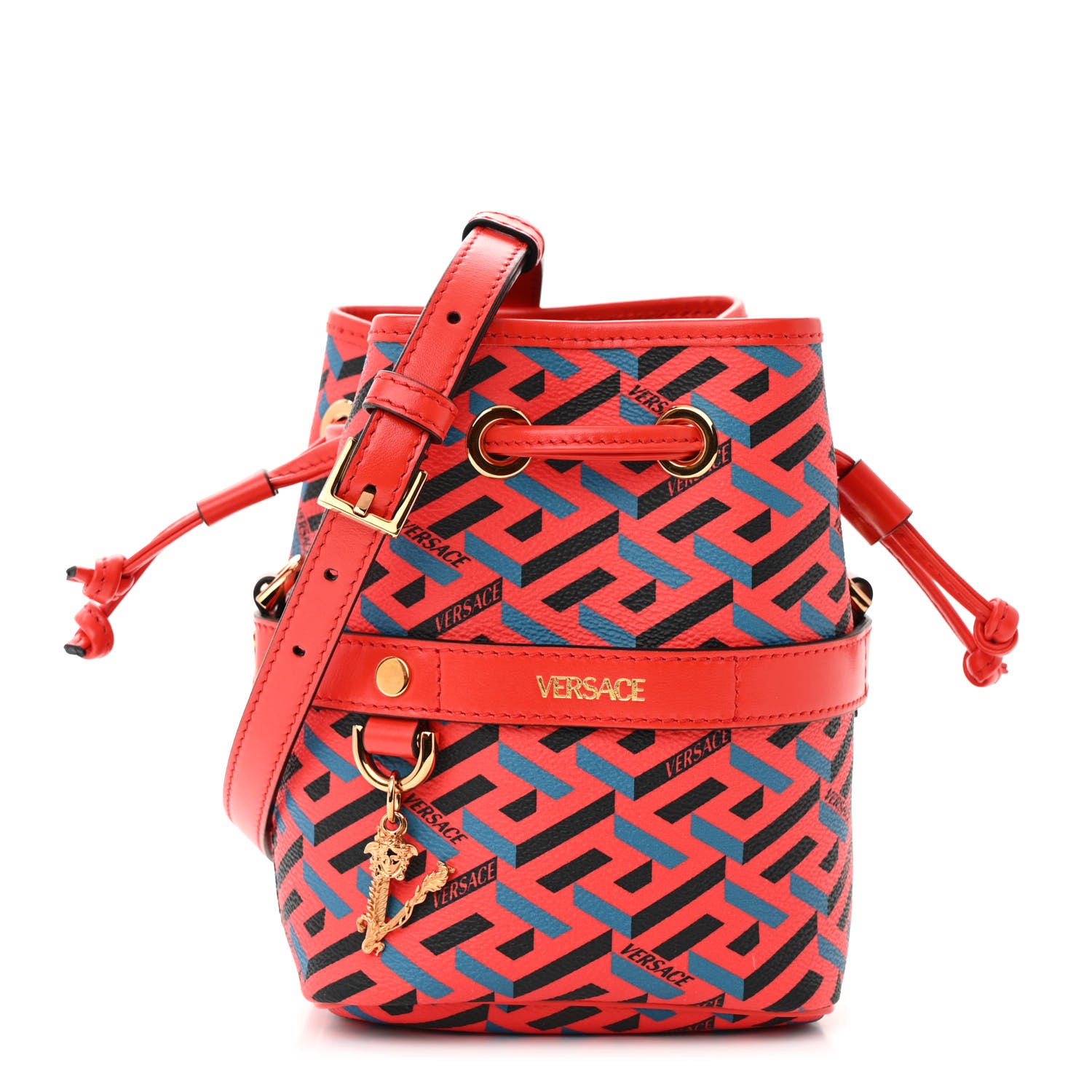 Versace Coated Canvas Calfskin La Greca Signature Mini Bucket Bag Blue Red 1 of 10