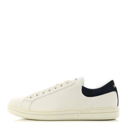 Prada Vitello Plume Mens Logo Low Top Sneakers 9.5 White Oltremare 1 of 9