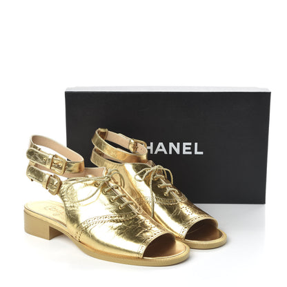 Chanel Metallic Calfskin CC Brogue Lace Up Ankle Strap Oxford Peep Toe Sandals 40 Gold 8 of 8