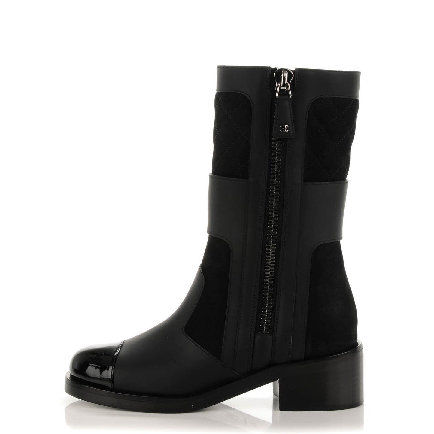 Calfskin Quilted Patent Cap Toe Boots 35.5 Black