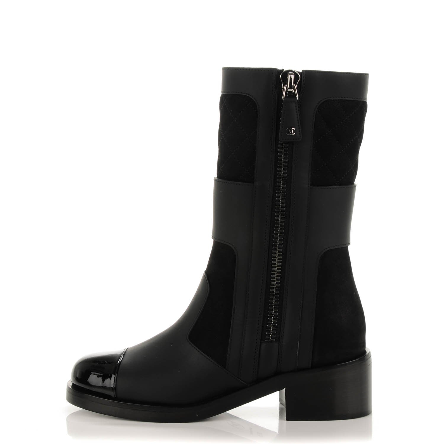 Chanel Calfskin Quilted Patent Cap Toe Boots 35.5 Black 1 of 6