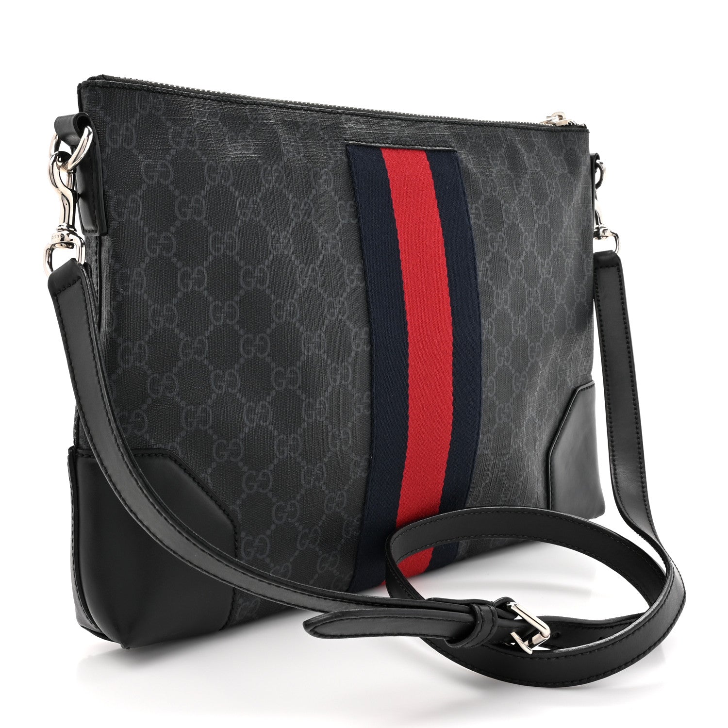Gucci Soft GG Supreme Monogram Appia Calfskin Web East West Messenger Bag Black Grey 3 of 18