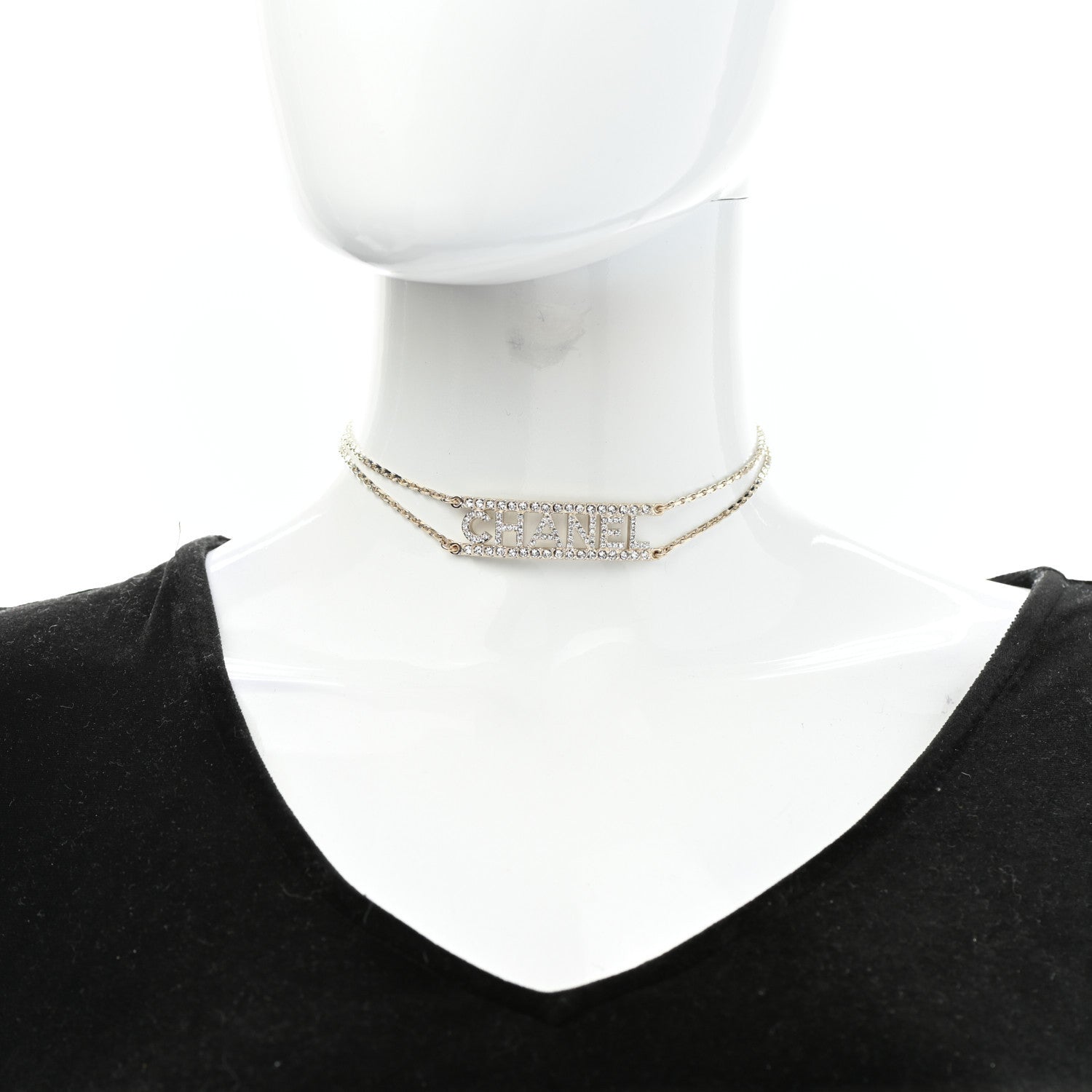 Chanel Metal Crystal Logo Choker Necklace Gold 1 of 5