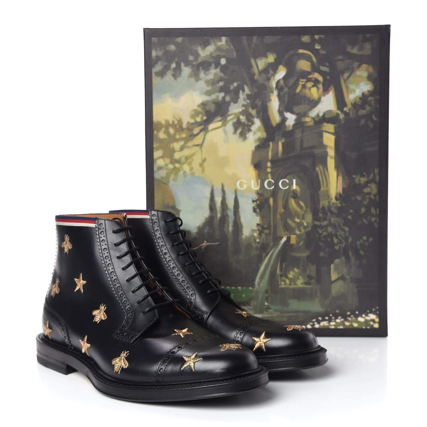 Gucci Calfskin Sylvie Web Bee Star Embroidered Mens Brogue Captoe Boots 7.5 Black 9 of 9