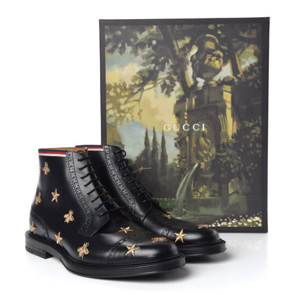 Gucci Calfskin Sylvie Web Bee Star Embroidered Mens Brogue Captoe Boots 7.5 Black 9 of 9