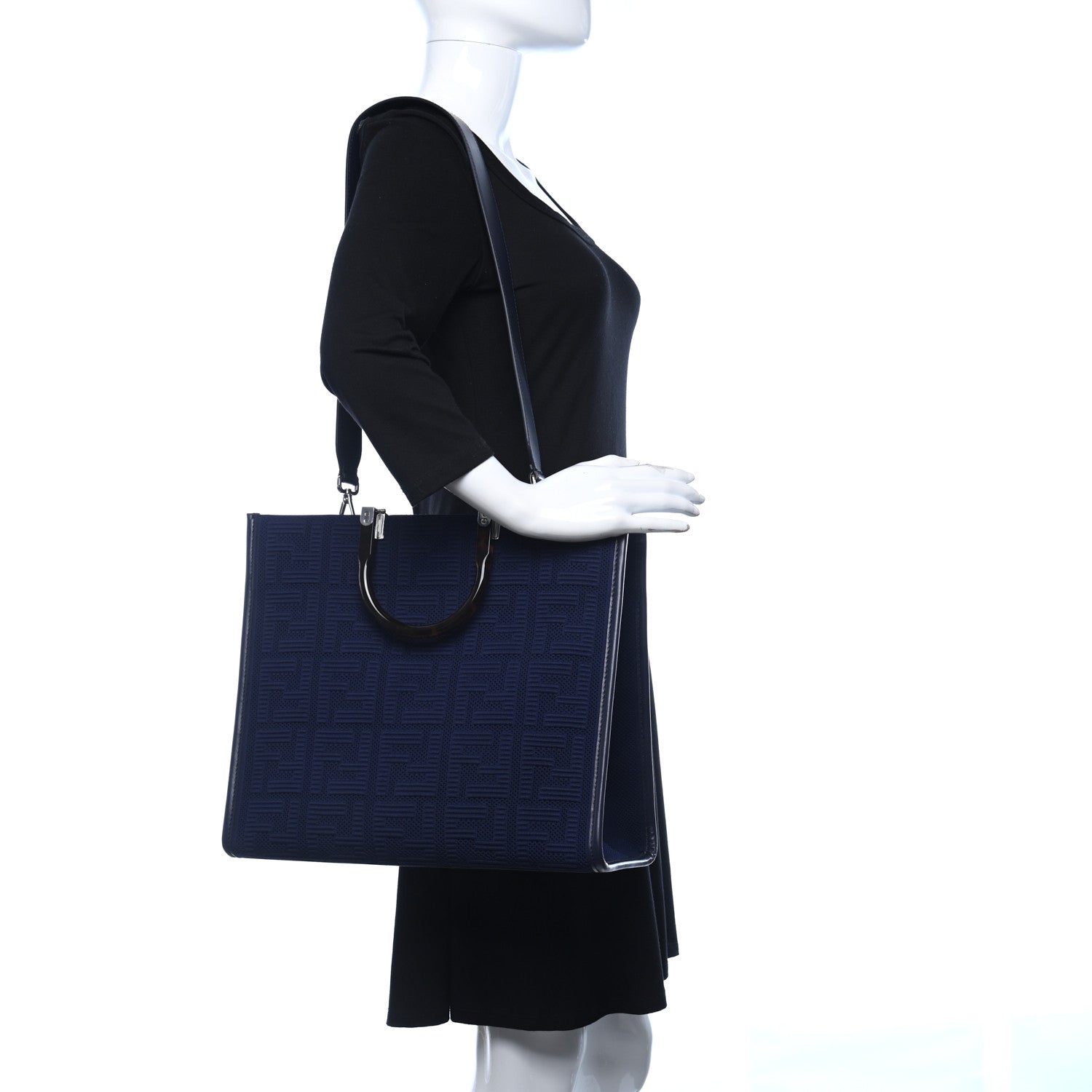 Fendi Technical Fabric Plexiglass FF Medium Fendi Sunshine Shopper Tote Marino 2 of 9