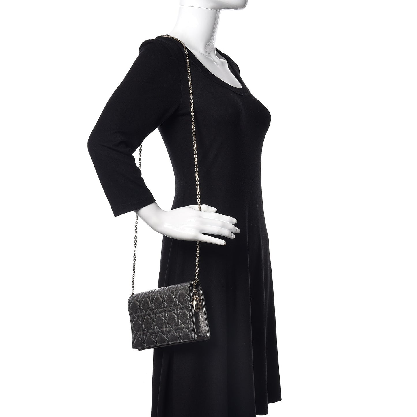 Metallic Calfskin Cannage Lady Dior Convertible Clutch Gunmetal