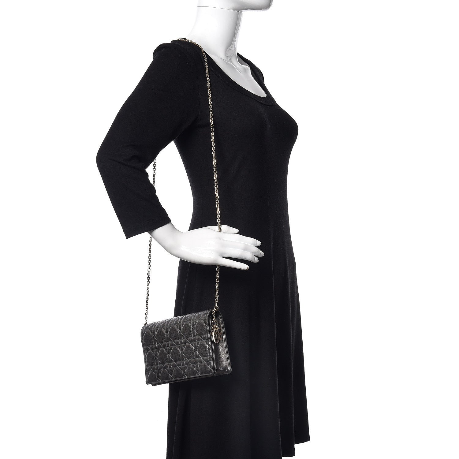 Christian Dior Metallic Calfskin Cannage Lady Dior Convertible Clutch Gunmetal 2 of 14