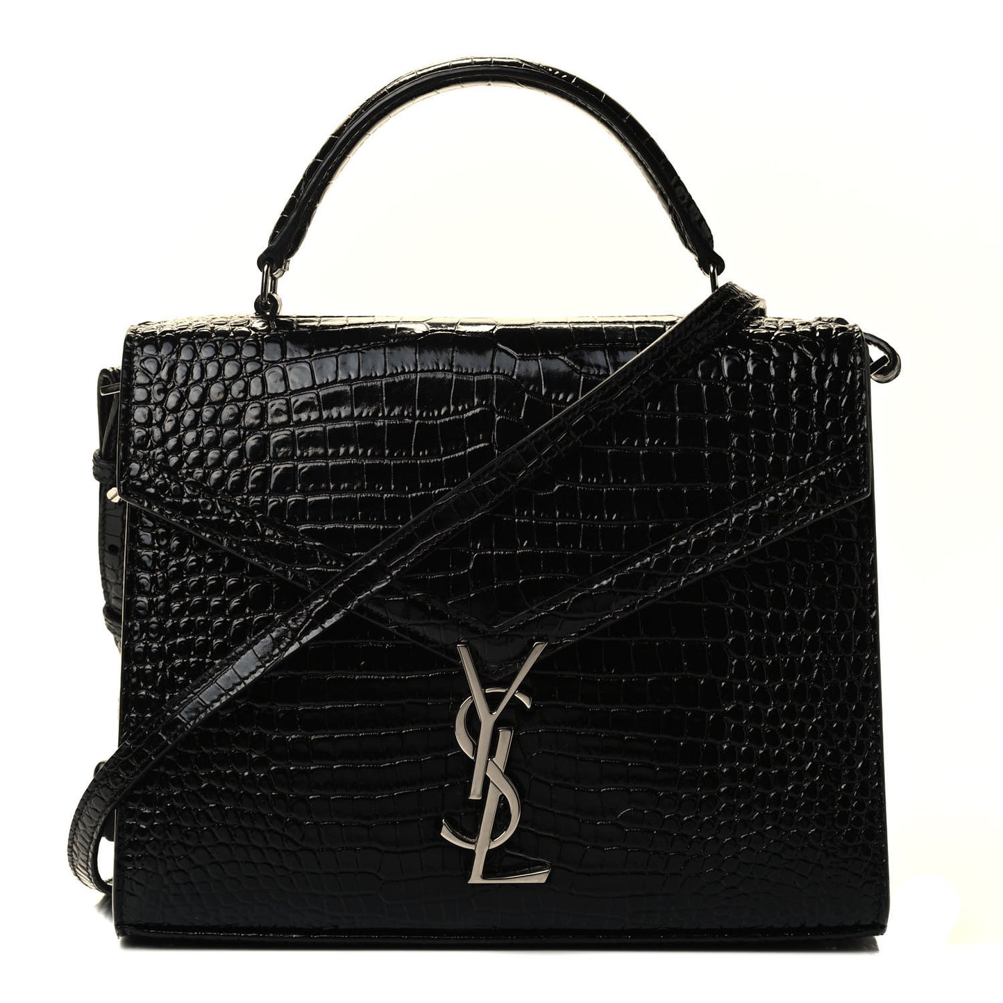 Calfskin Crocodile Embossed Medium Classic Monogram Cassandra Top Handle Black Rouge Legion