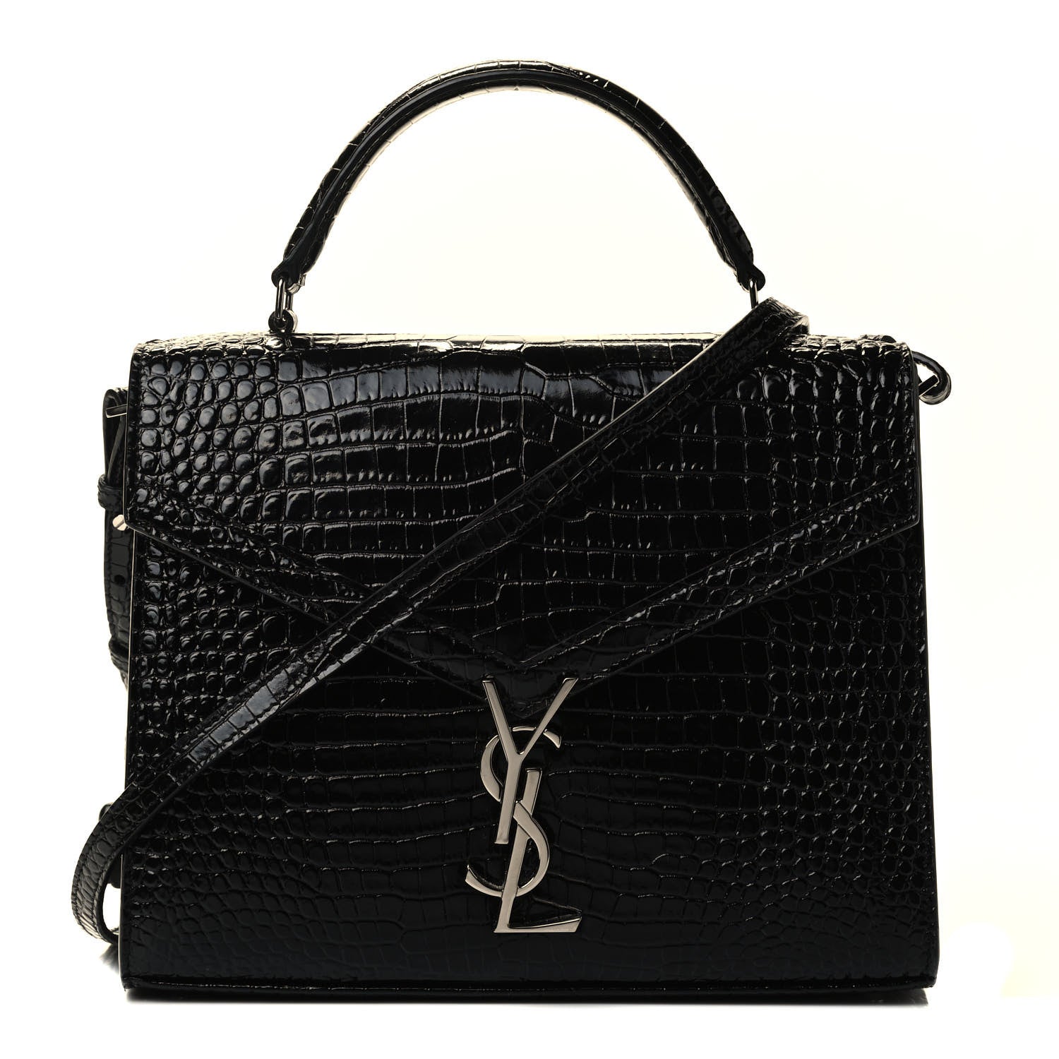 Saint Laurent Calfskin Crocodile Embossed Medium Classic Monogram Cassandra Top Handle Black Rouge Legion 1 of 4