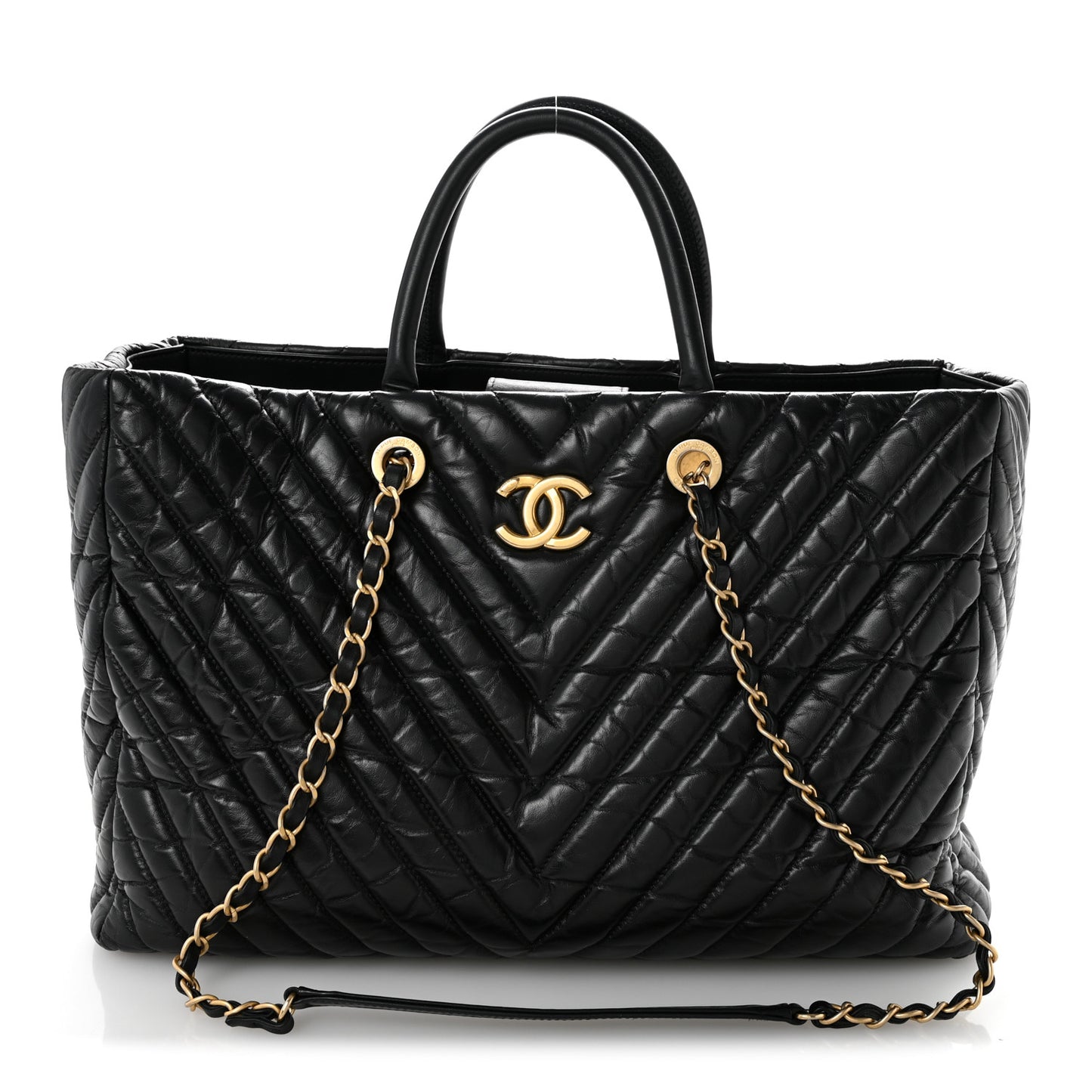 Aged Calfskin Chevron Large Coco Handle Shopping Tote Black