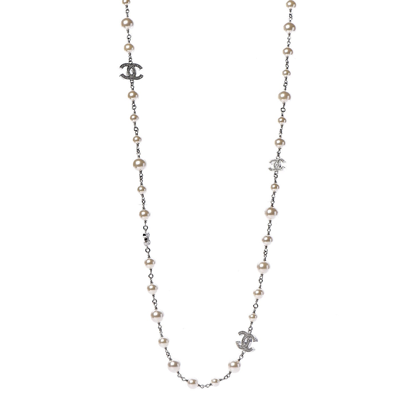 Graduated Pearl Crystal CC Long Necklace Silver