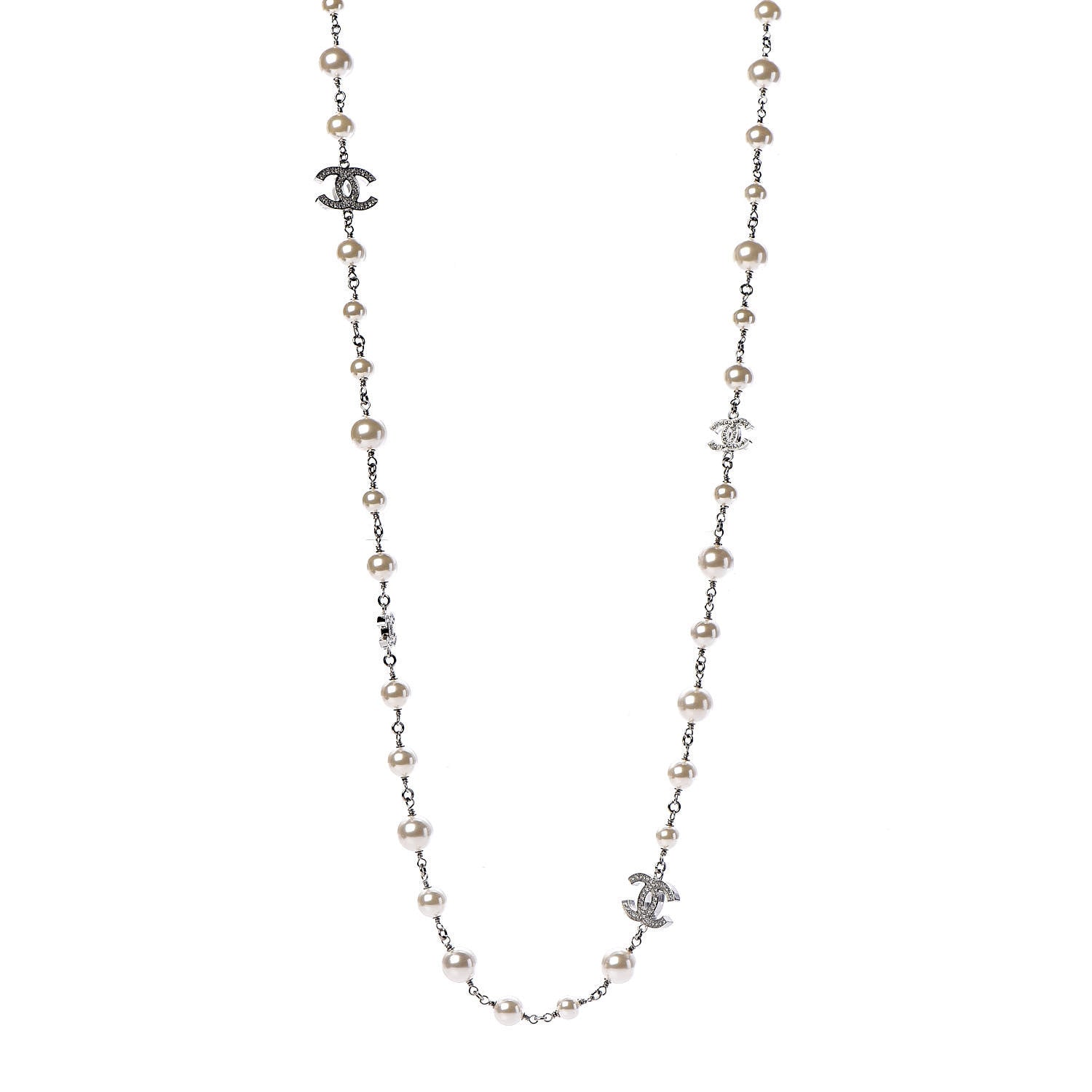 Chanel Graduated Pearl Crystal CC Long Necklace Silver 1 of 4
