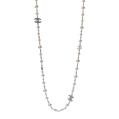 Chanel Graduated Pearl Crystal CC Long Necklace Silver 1 of 4