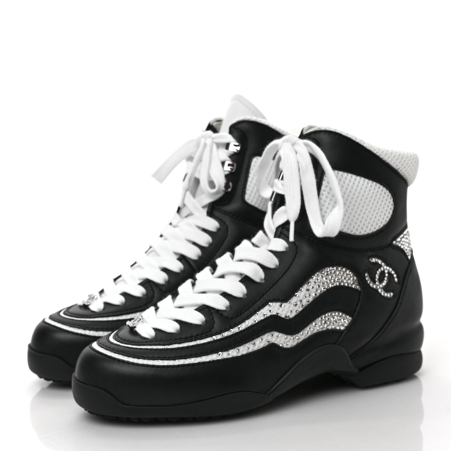 Fabric Calfskin Strass Womens CC Sneakers 38 Black White Silver