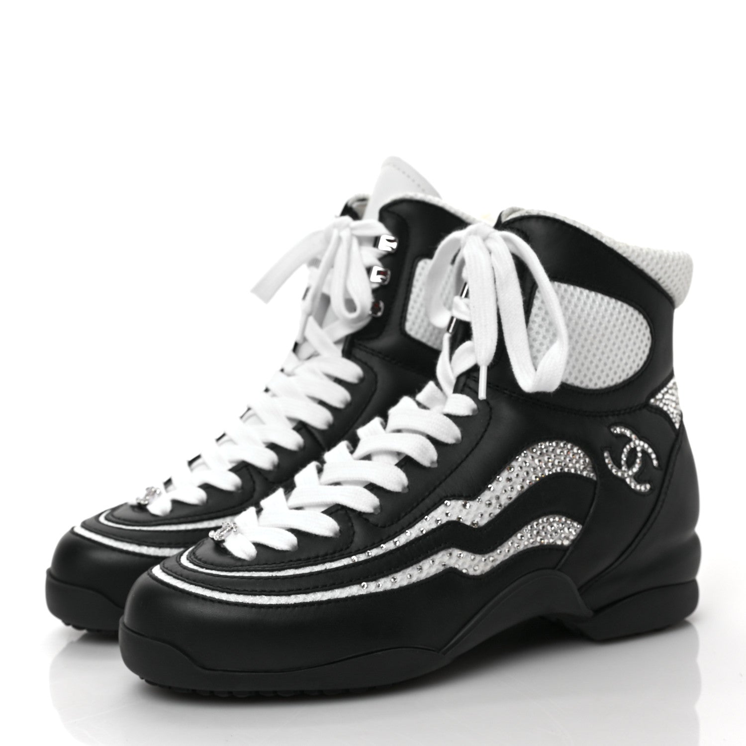 Chanel Fabric Calfskin Strass Womens CC Sneakers 38 Black White Silver 3 of 9