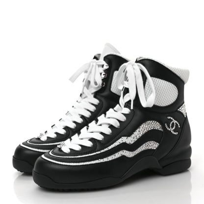Chanel Fabric Calfskin Strass Womens CC Sneakers 38 Black White Silver 3 of 9