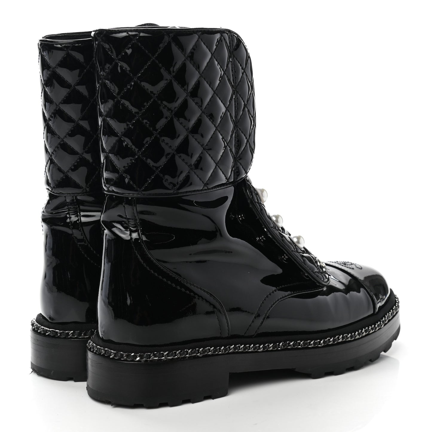 Patent Calfskin Pearl Combat Ankle Boots 39 Black