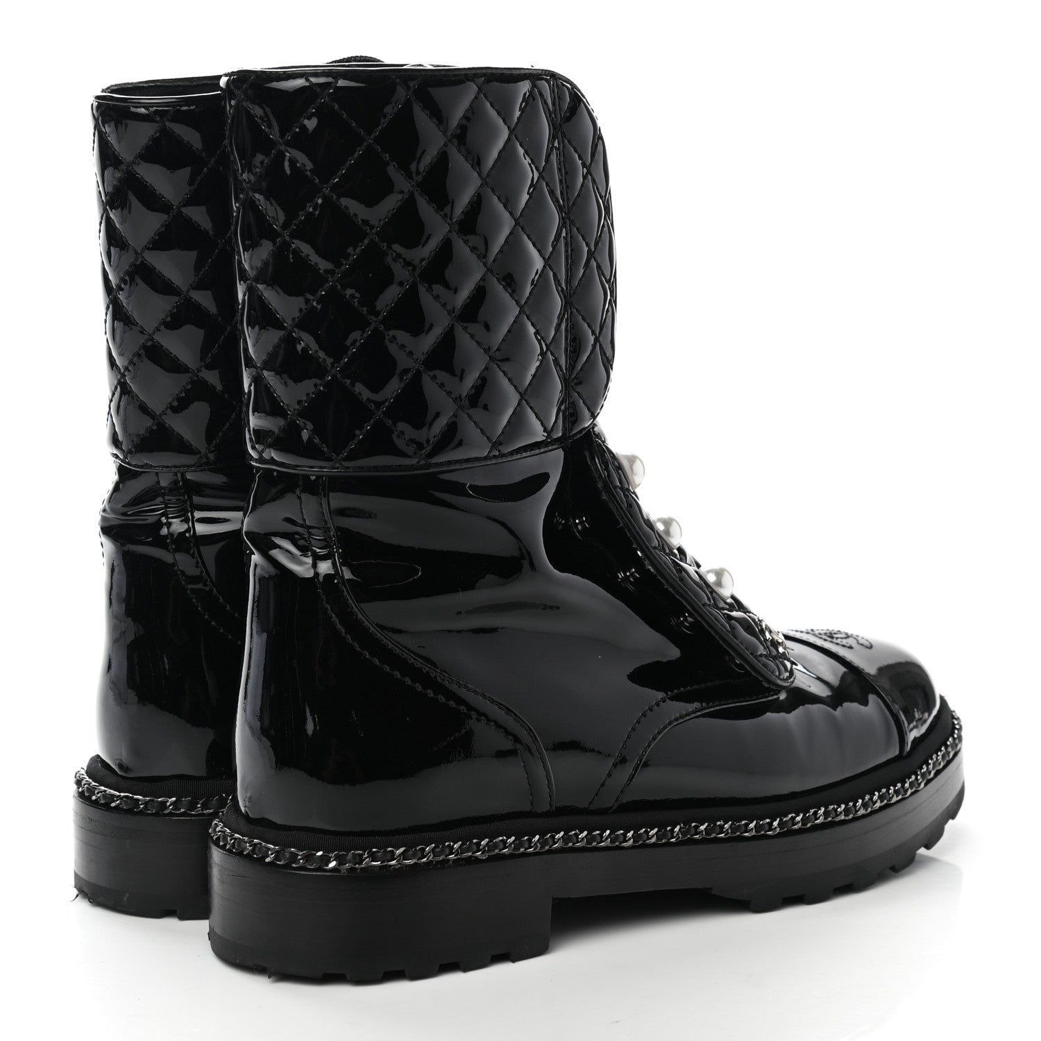 Chanel Patent Calfskin Pearl Combat Ankle Boots 39 Black 4 of 8