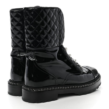 Chanel Patent Calfskin Pearl Combat Ankle Boots 39 Black 4 of 8