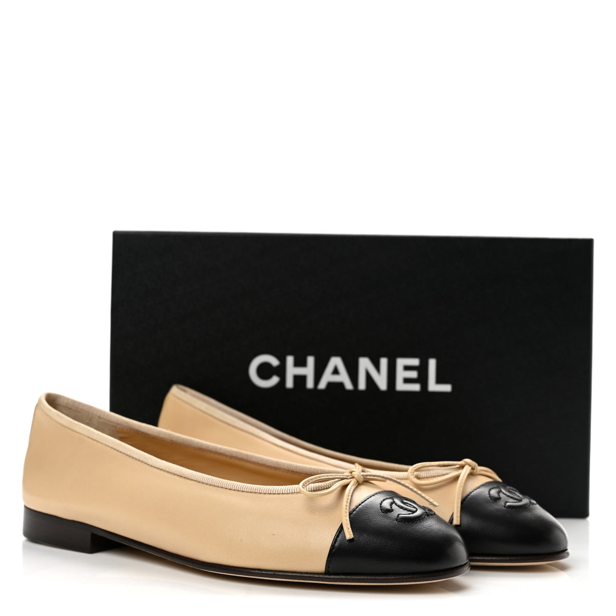 Chanel Lambskin Cap Toe CC Ballerina Flats 37 Beige Black 11 of 11
